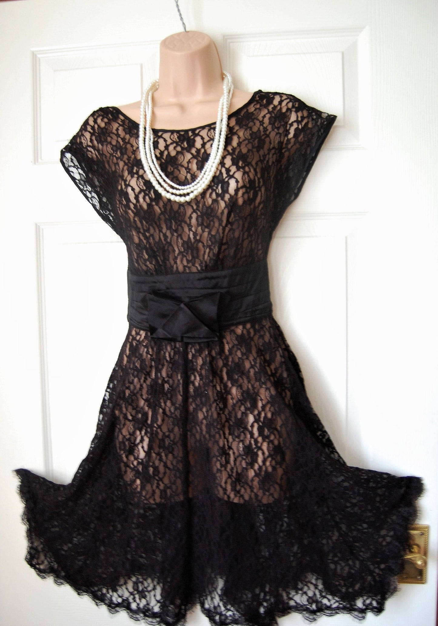 Vintage Sheer Lace Black Satin Romantic Bow Gatsby Dress UK  10 12  US 6 8