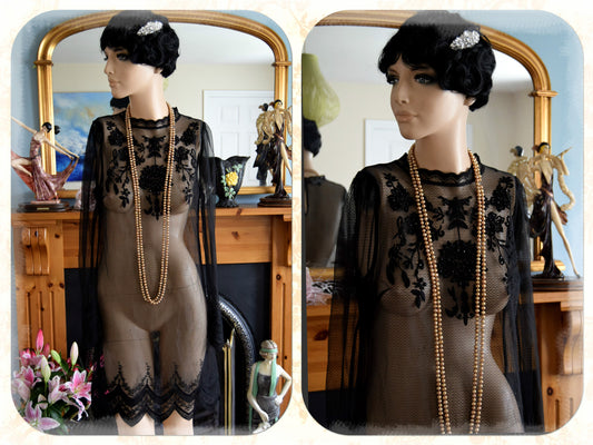 1920s dress flapper dress 1920s mesh dress Great Gatsby dress vintage sheer dress sheer embroidered dress Antique dress Size UK 6 8 US 2 4