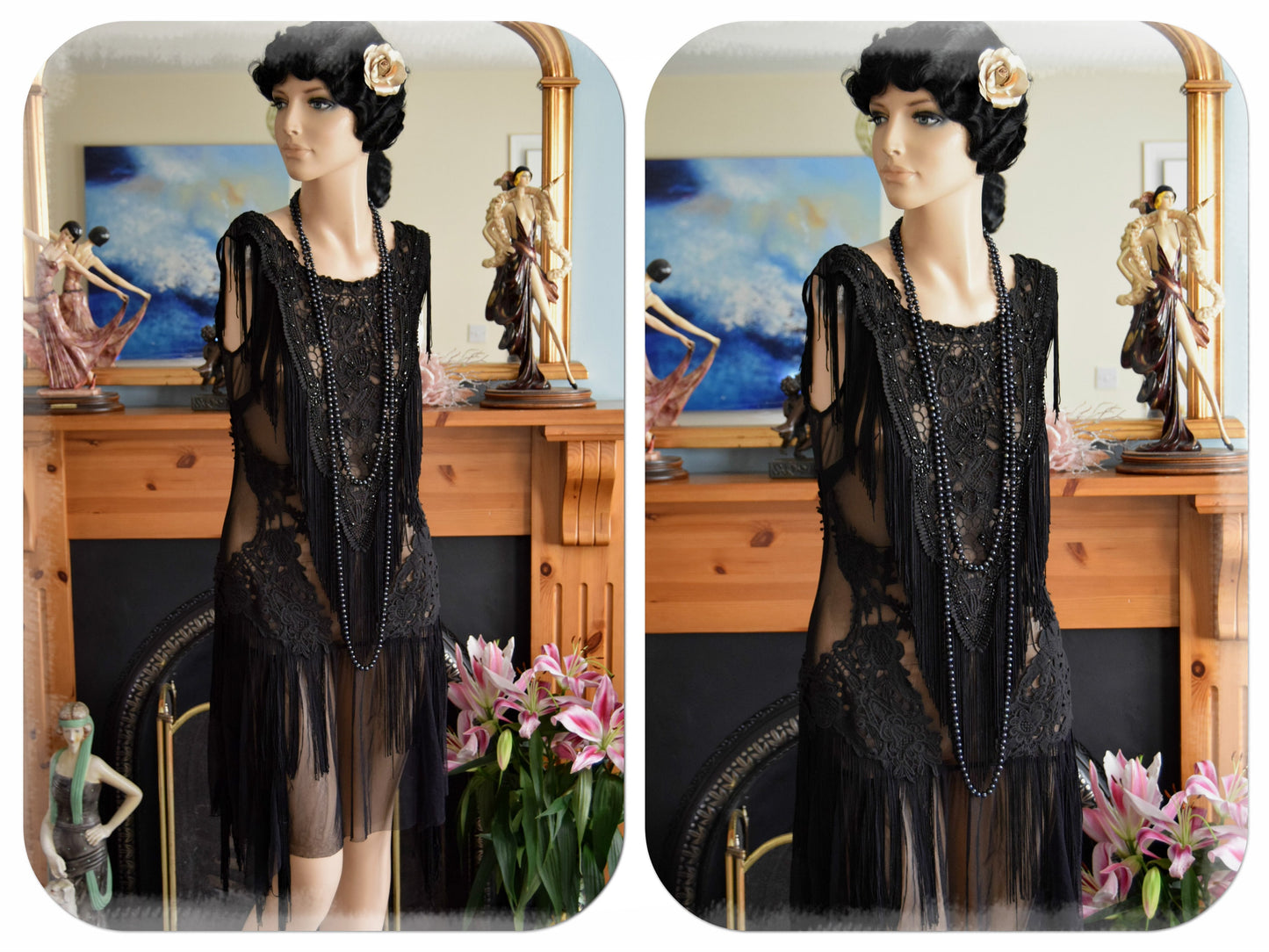 1920s Dress Vintage Downton Abbey Tassel Mesh Dress Flapper Tassel Dress Flapper Beaded Dance Dress Size UK 6 8  US 2 4 XS