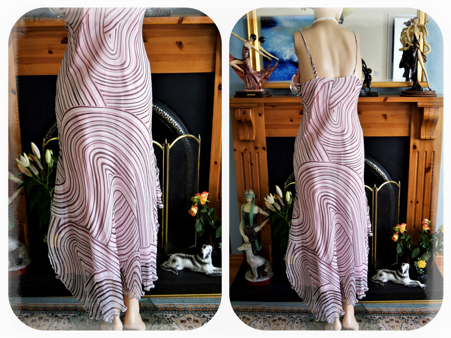 Beautiful pastel Downton Abbey Romantic soft Floaty Ethereal  silk cocktail dress Amazing size UK 12 14 US 8 10