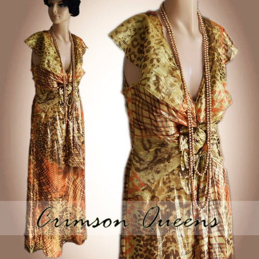 BIBA dress Downton Abbey dress silk Art Deco  1930s dress Gold Metallic Garden party Evening Maxi dress size UK 10 US 6