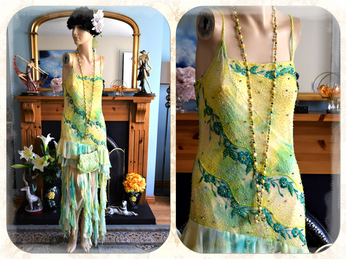 Great Gatsby Flapper dress 1930s dress 1920s dress Silk Vintage Embroidered Floral Gown Downton Abbey cocktail Garden dress Size UK 12 US 6