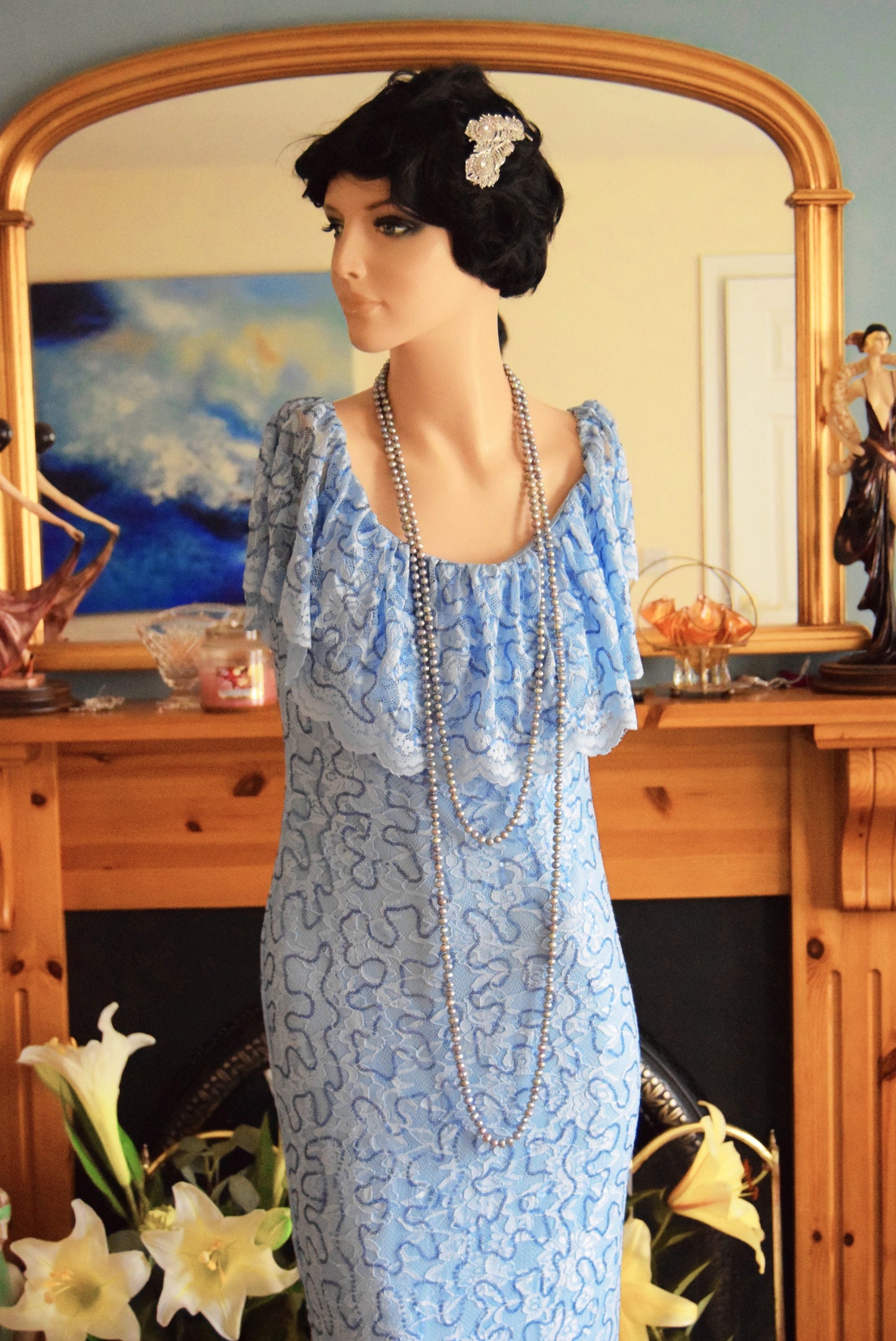 Divine Vintage Sky Blue Downton Abbey Maxi Lace Dress  1920's style cocktail dress Size UK 10 US 6