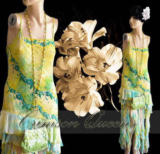 Great Gatsby Flapper dress 1930s dress 1920s dress Silk Vintage Embroidered Floral Gown Downton Abbey cocktail Garden dress Size UK 12 US 6