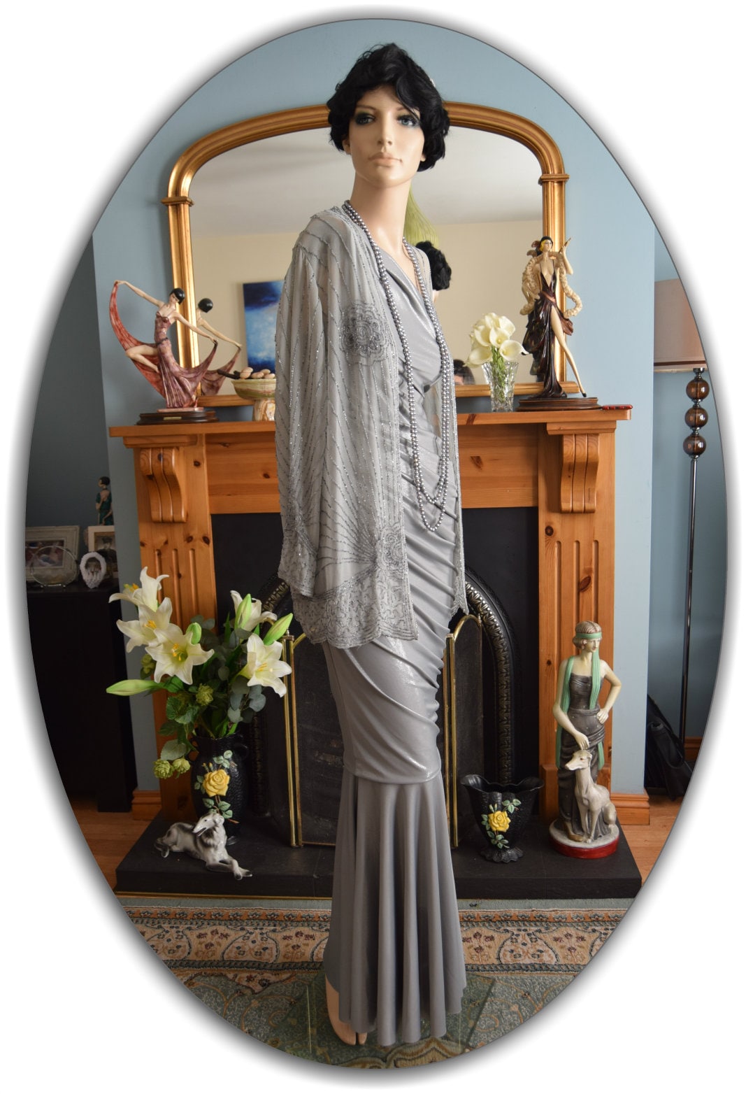 1930s dress 1930s evening gown Silver Floor length dress 1930s Evening Maxi gown Hollywood Goddess gown Silver Ball gown Size UK 8 US 4