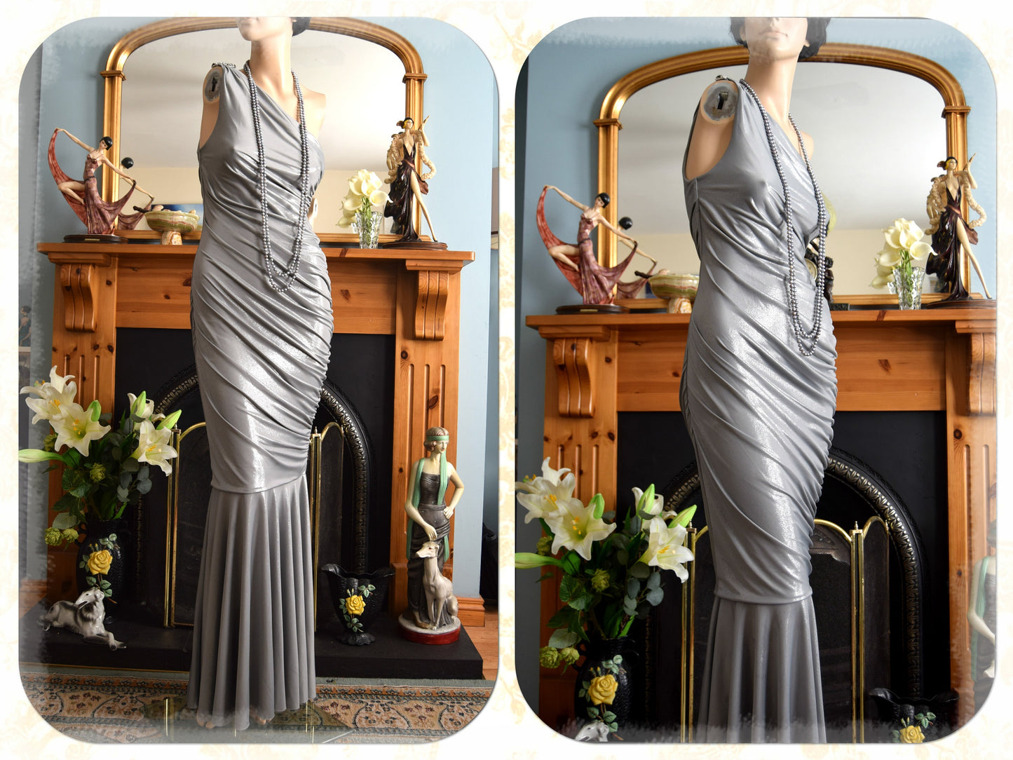 1930s dress 1930s evening gown Silver Floor length dress 1930s Evening Maxi gown Hollywood Goddess gown Silver Ball gown Size UK 8 US 4