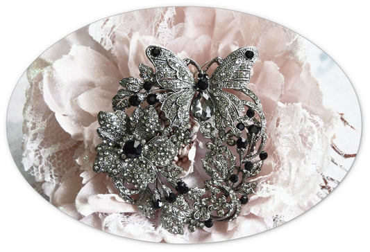 Art Deco Vintage Style Statement Chunky Black Silver Crystal Rhinestones Large paste Butterfly Floral leaf Garden theme brooch