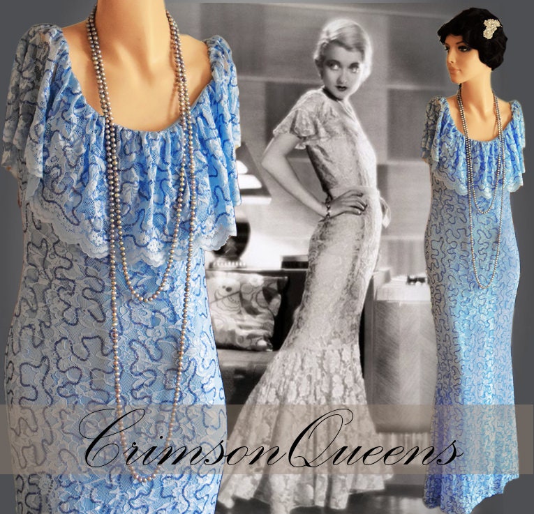 Divine Vintage Sky Blue Downton Abbey Maxi Lace Dress  1920's style cocktail dress Size UK 10 US 6
