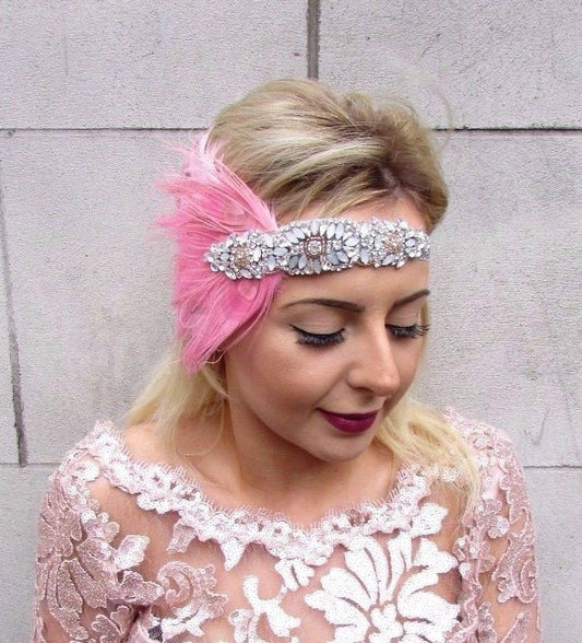 1920s Beautiful rosy and silver headband luxurious feathered and beaded headpiece flapper feathered crystal headband pink feathered headband