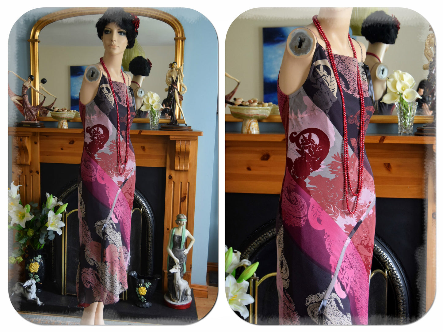 Purple Downton 1930's Abbey All SilkOriental Bohemian Embellished with Crystal Glass cocktail silk dress size UK 12 US 8