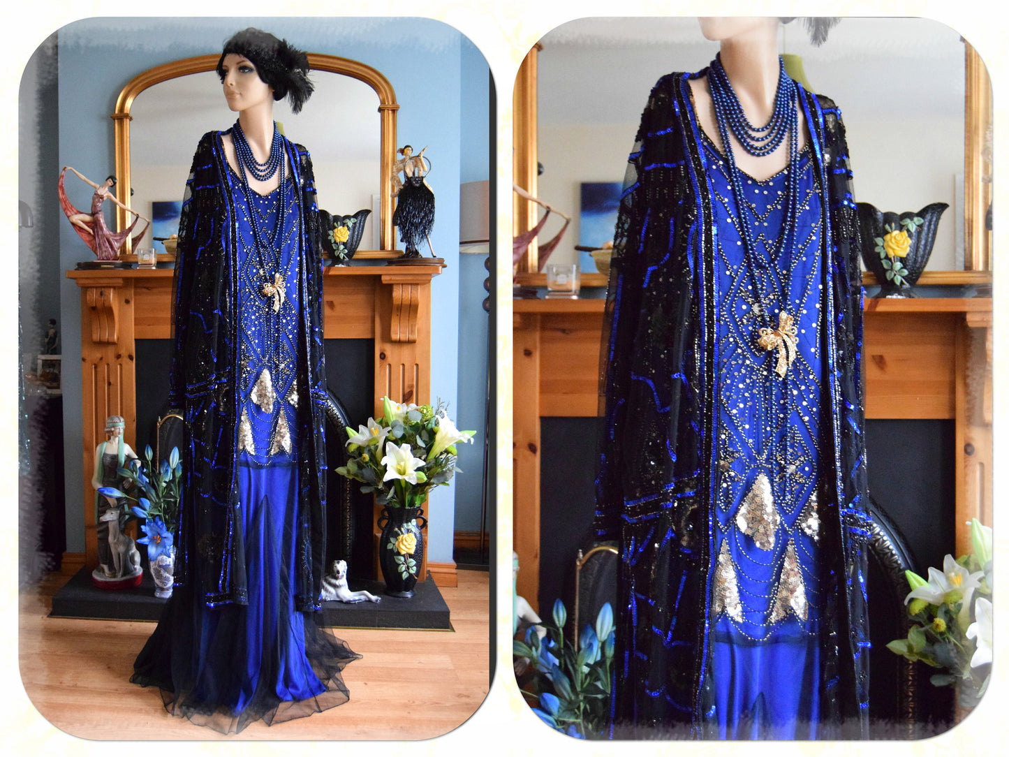 Cintahe Art Deco kimono 1920s dress  Beaded Midnight blue kimono 1920s Beaded tassel dress flapper dress Size UK 16 18 US 12 14