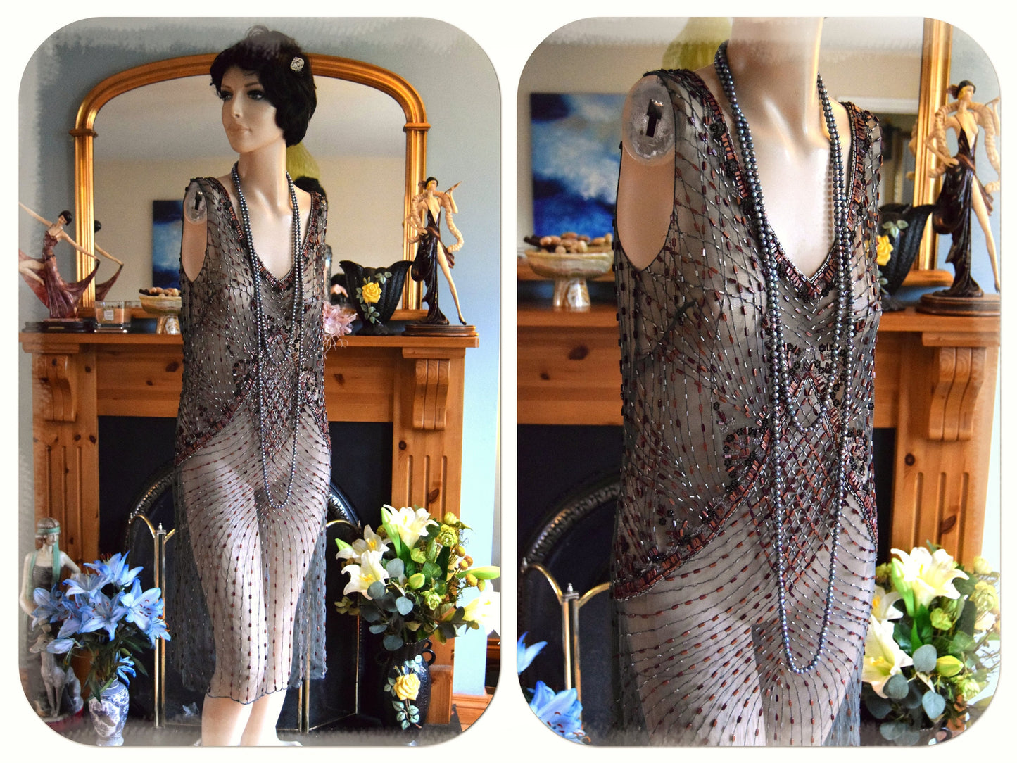 1920s dress Flapper dress Great Gatsby dress Downton Abbey dress Art Deco dress Vintage Beaded Sheer Net Embroidered Dress Size UK 10 US 6