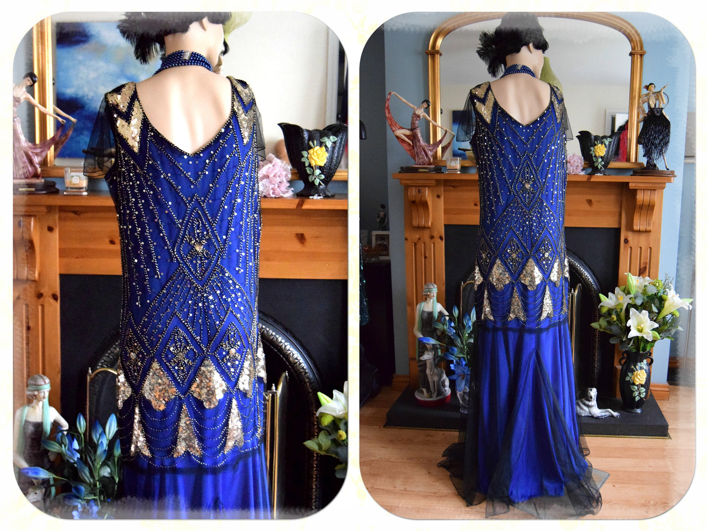 Cintahe Art Deco kimono 1920s dress  Beaded Midnight blue kimono 1920s Beaded tassel dress flapper dress Size UK 16 18 US 12 14