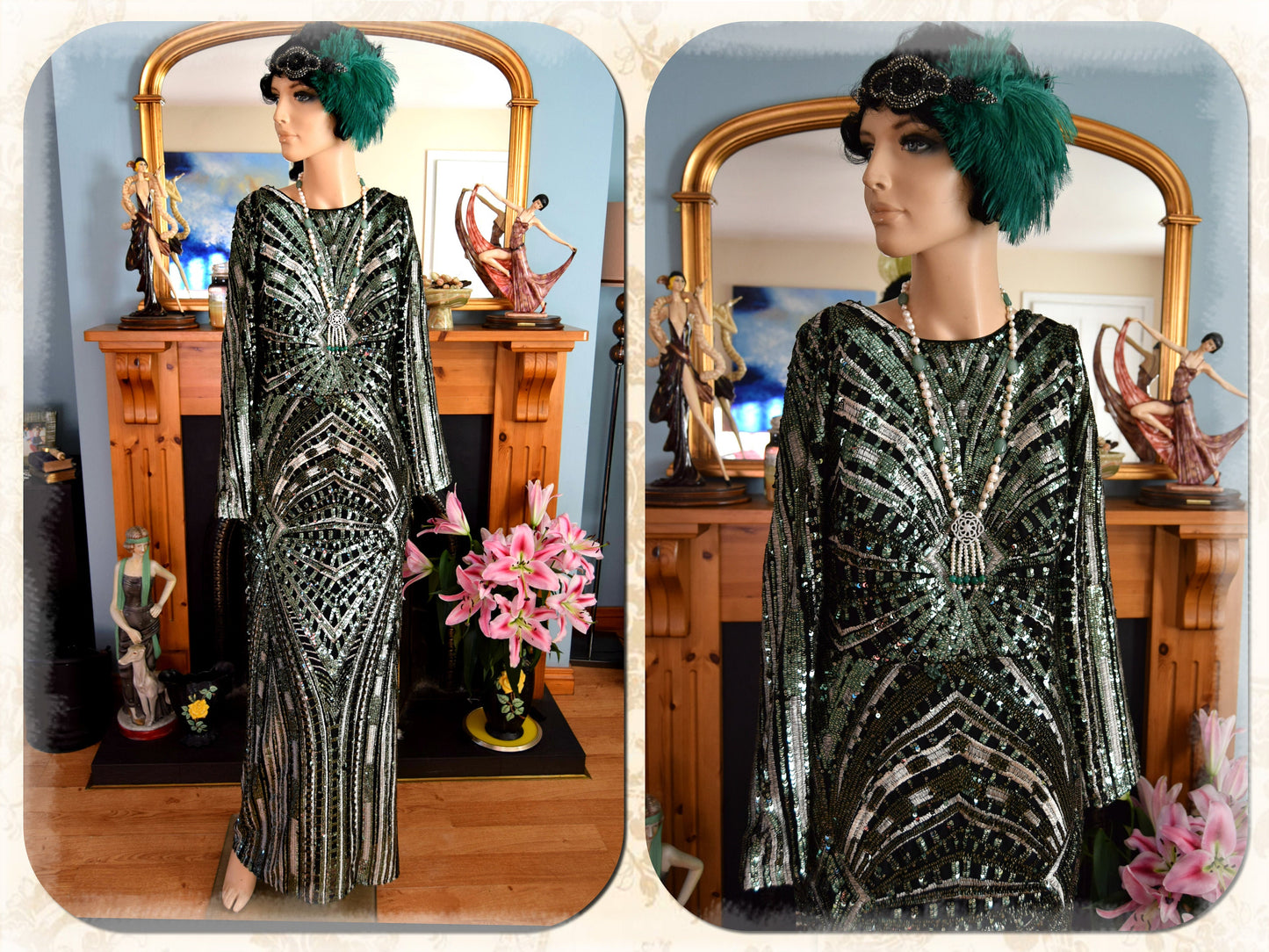 Vintage beaded Sequinned Embroidered Green Black Statement dress flapper Downton Abbey 1920s Marlene Dietrich Maxi dress UK size 8 10 US 4 6