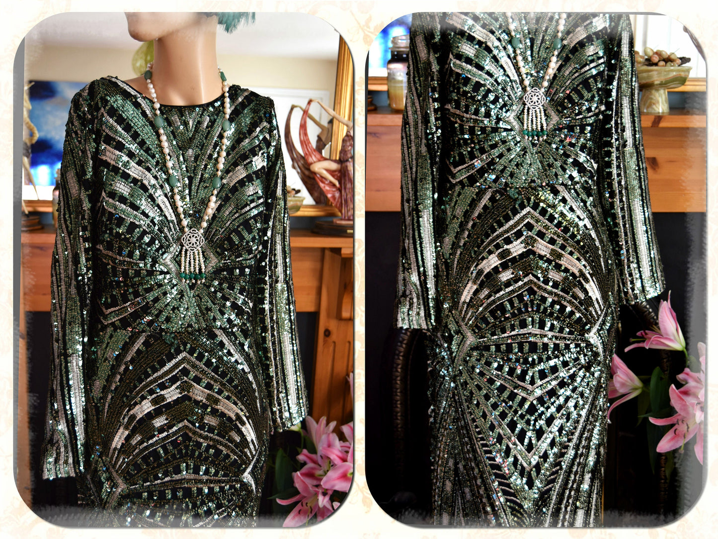 Vintage beaded Sequinned Embroidered Green Black Statement dress flapper Downton Abbey 1920s Marlene Dietrich Maxi dress UK size 8 10 US 4 6