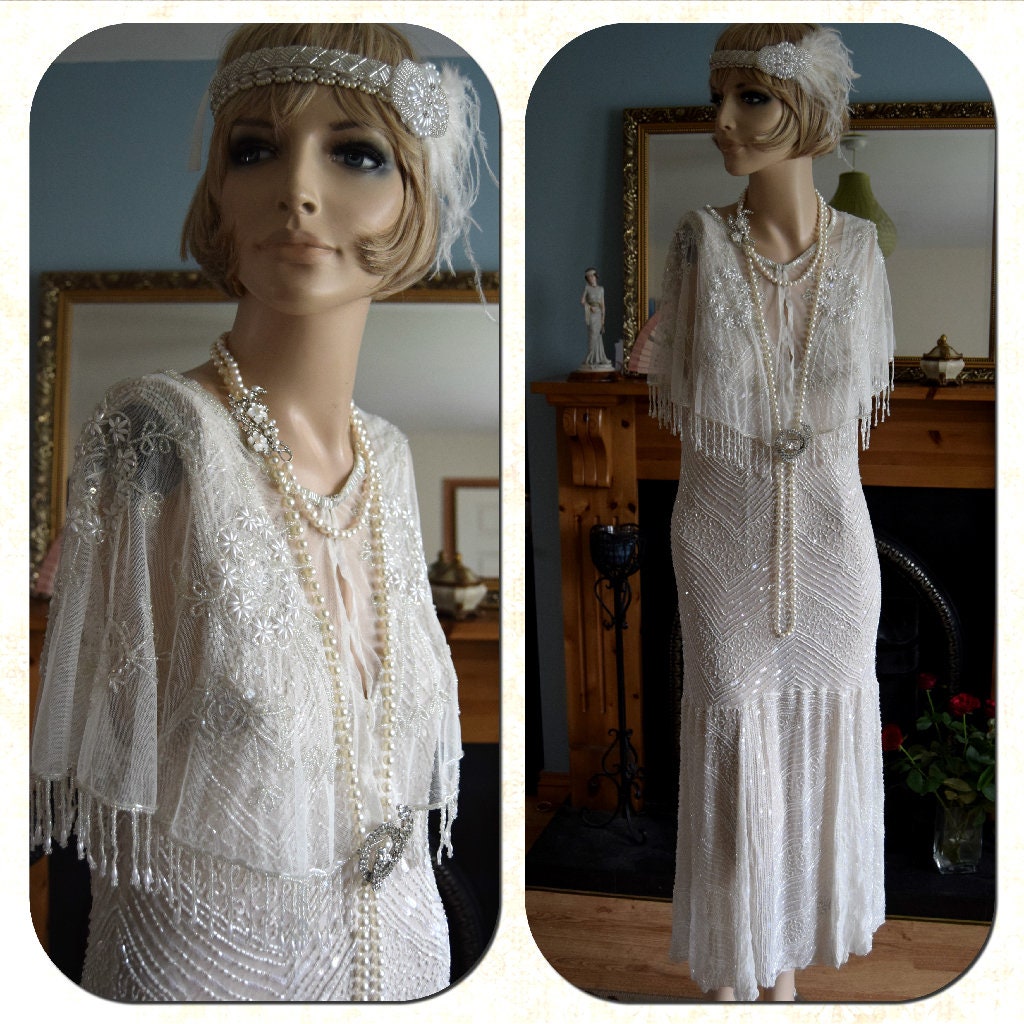 1920's Bride Off White Wedding Bridal  Dress Fully Beaded Flapper 100% Silk Great Gatsby Charleston Jazz Era Prohibition Size UK 2 4 US 0