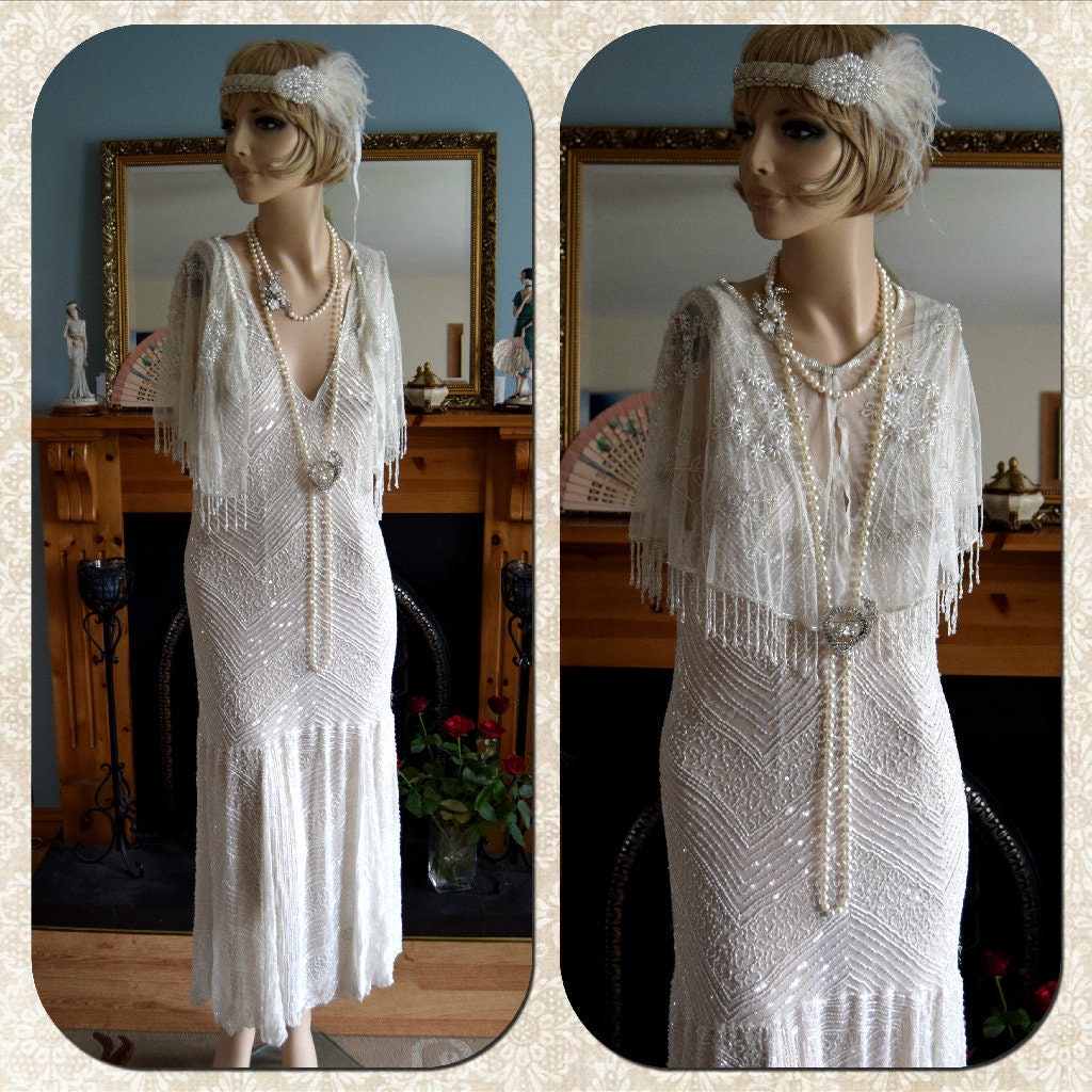 1920's Bride Off White Wedding Bridal  Dress Fully Beaded Flapper 100% Silk Great Gatsby Charleston Jazz Era Prohibition Size UK 2 4 US 0