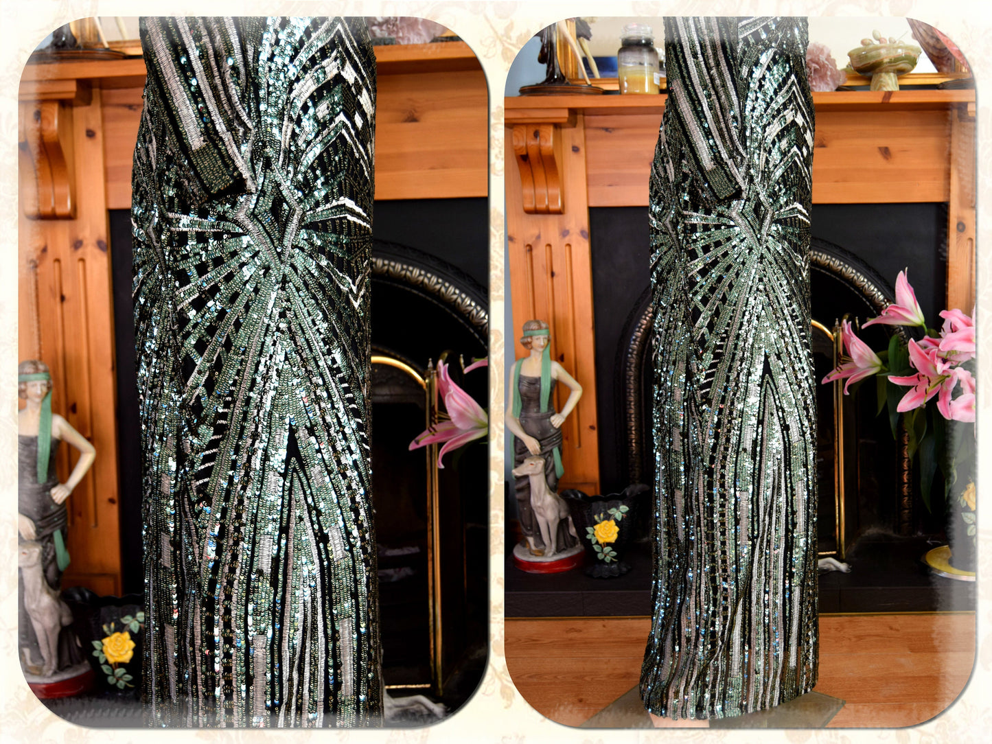 Vintage beaded Sequinned Embroidered Green Black Statement dress flapper Downton Abbey 1920s Marlene Dietrich Maxi dress UK size 8 10 US 4 6