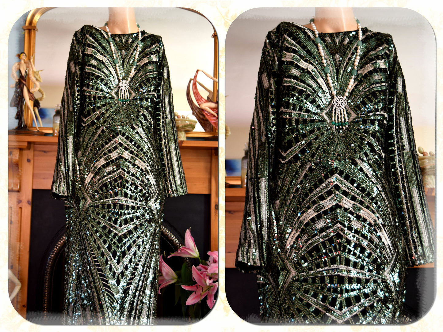 Vintage beaded Sequinned Embroidered Green Black Statement dress flapper Downton Abbey 1920s Marlene Dietrich Maxi dress UK size 8 10 US 4 6