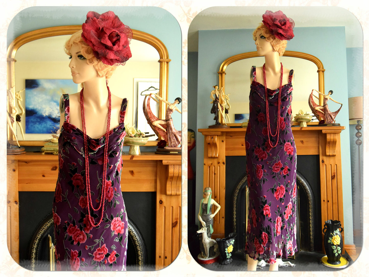 Vintage Art Deco Downton Abbey Vintage Red Purple Silk devore Romantic Floral Cocktail Garden Dress Evening Gown Size UK 12 US 8