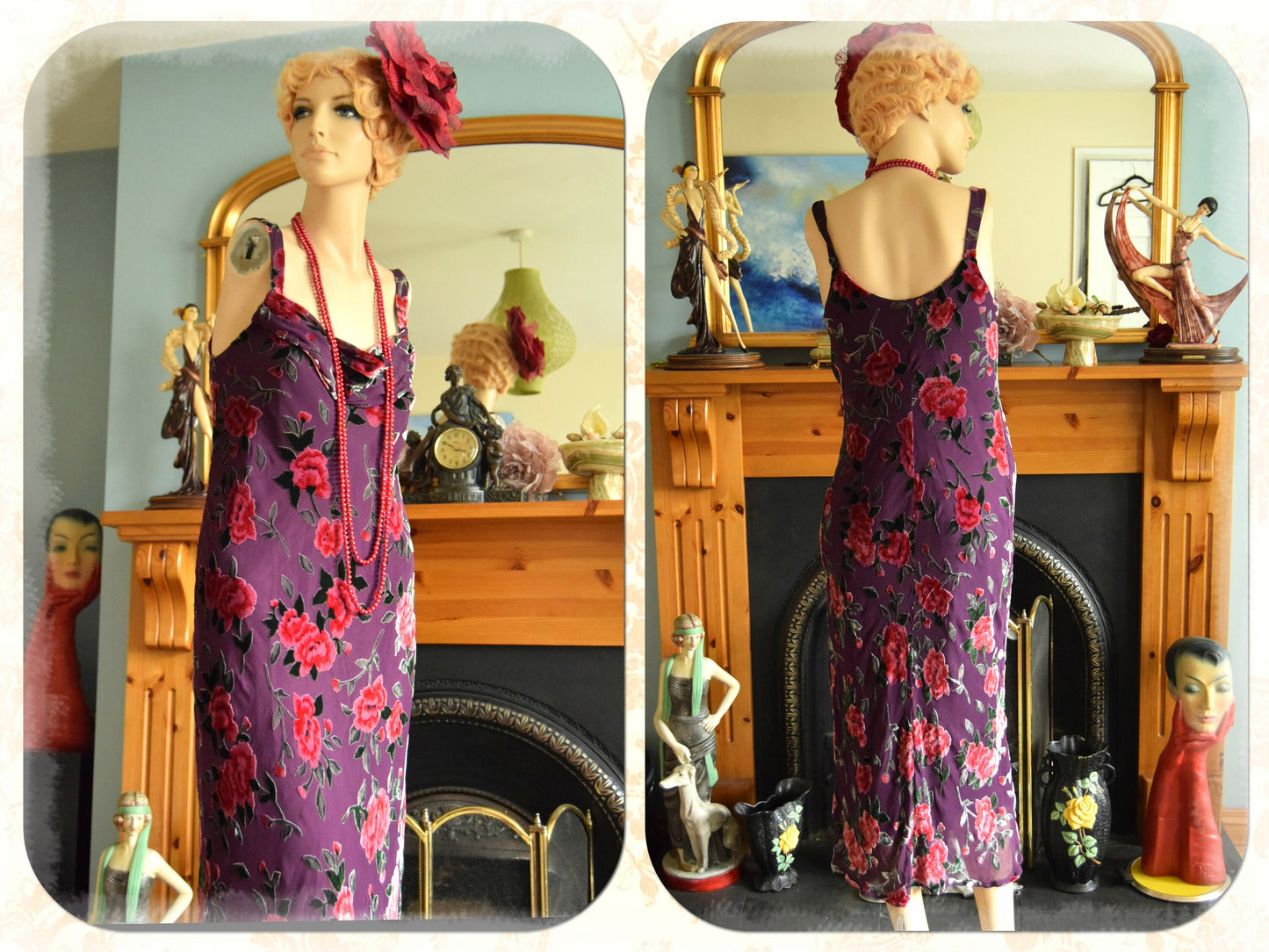 Vintage Art Deco Downton Abbey Vintage Red Purple Silk devore Romantic Floral Cocktail Garden Dress Evening Gown Size UK 12 US 8