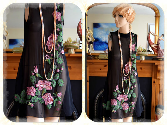 Vintage Mesh Embroidered beaded 1920s style Black Sheer Floral Dress size Uk 12 US 8