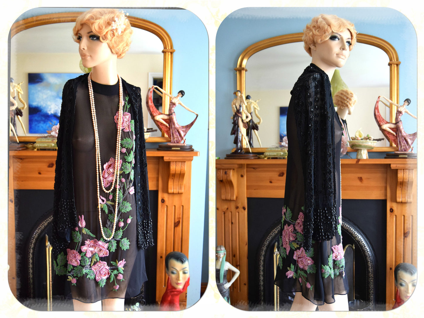 Vintage Mesh Embroidered beaded 1920s style Black Sheer Floral Dress size Uk 12 US 8