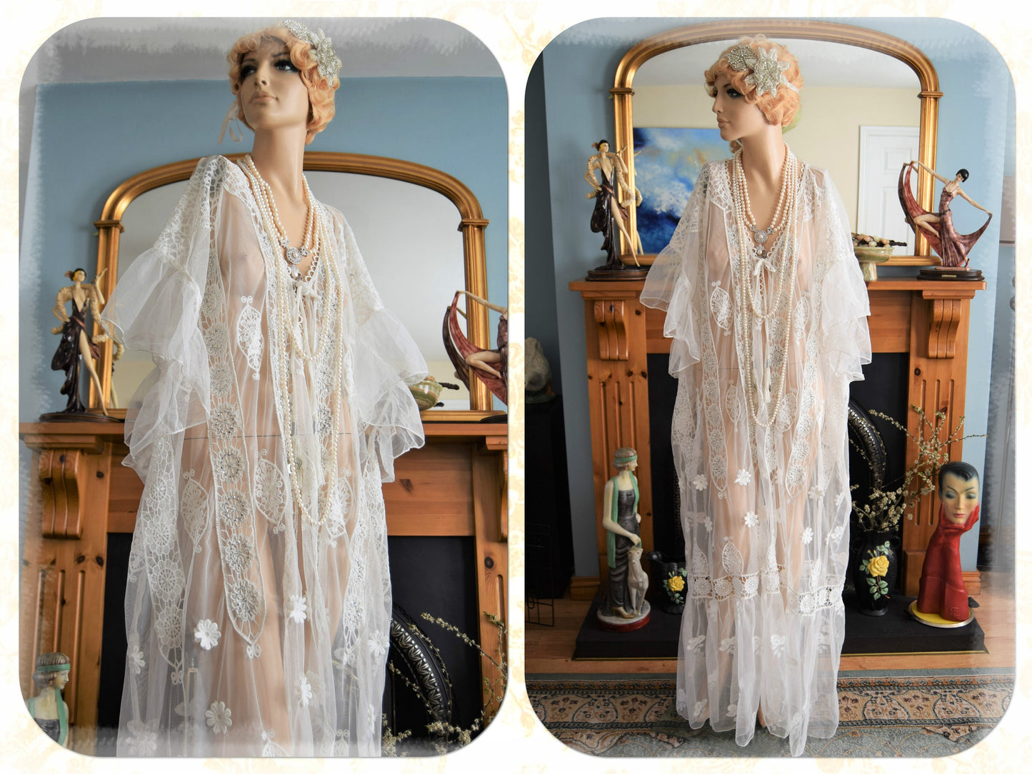Vintage 1920s kaftan dress bohemian gypsy hippy boho wedding Art Deco bride bead cream off- white wedding dress size UK 18 20 22 US 14 16 18