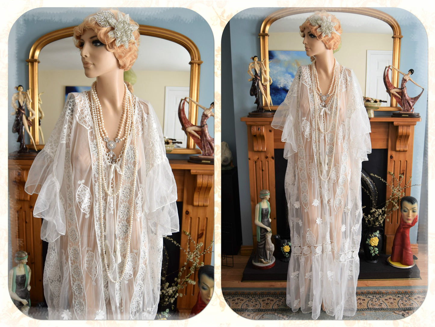 Vintage 1920s kaftan dress bohemian gypsy hippy boho wedding Art Deco bride bead cream off- white wedding dress size UK 18 20 22 US 14 16 18