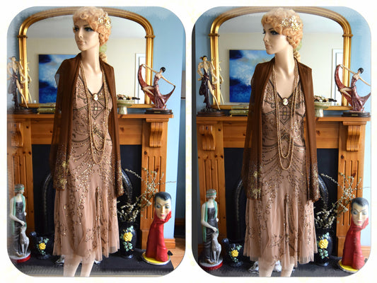 Petite Flapper dress, Great Gatsby Art Deco dress, Downton Abbey Vintage Embellished Toffee Gold Dress, Evening Gown, Size UK 4 6 US 0 2