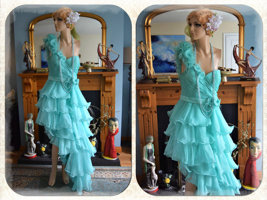 Vintage Ocean Blue Chiffon Ruffled Frilled Satin Romantic Ballgown Hollywood Glamour True Goddess Dress Size UK 12 14 US 8 10