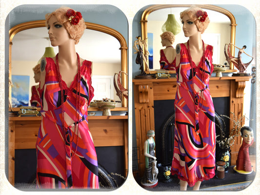 Vintage Liquid silk Geometric Art Deco Evening Gown Avant Garde Red Lace Graphic Vibrant cocktail Downton Abbey Dress Size UK 10 12 US 6 8