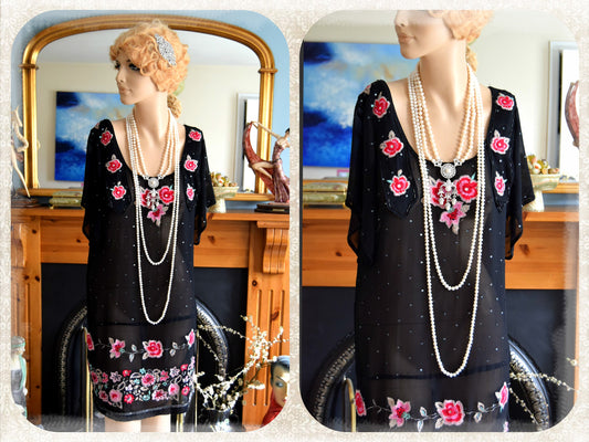 Vintage 1920s Great Gatsby Bohemian Silk Embroidered Black flapper Silk dress  UK 10 US 6