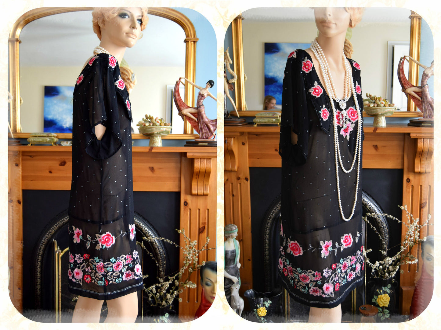 Vintage 1920s Great Gatsby bohemian silk embroidered Black flapper sheer dress UK 8 10 US 4 6