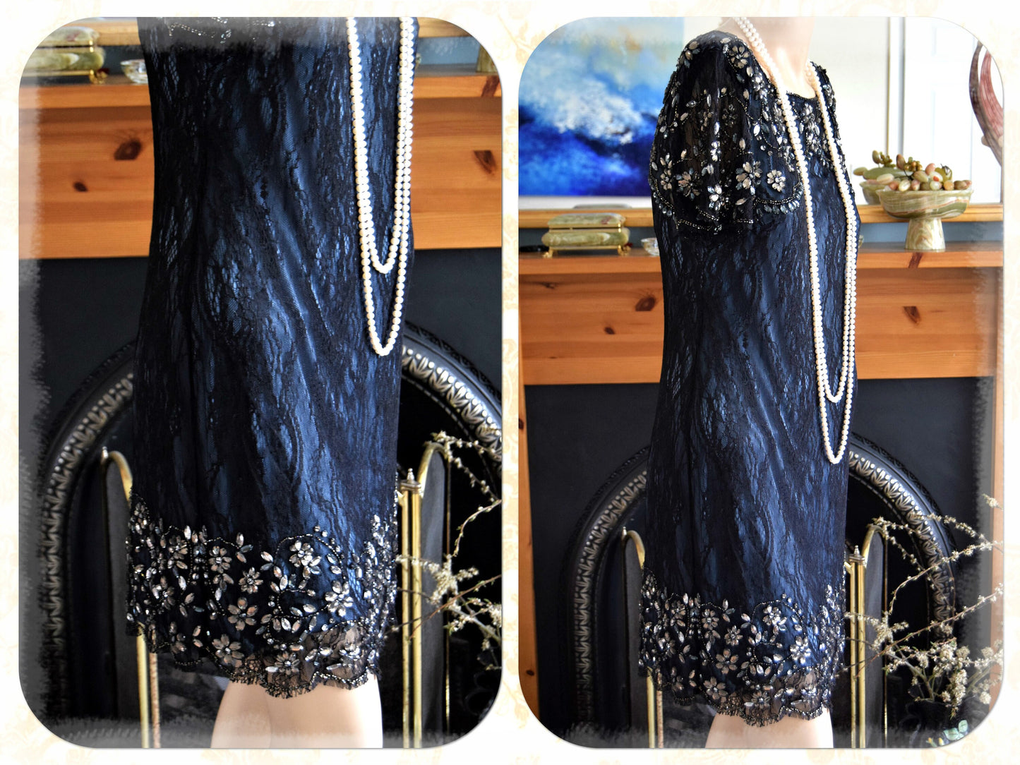 Vintage 1920s Great Gatsby Black Navy Blue beaded Jewelled lace in Downton Abbey  Net Dress Size UK 10 US 6