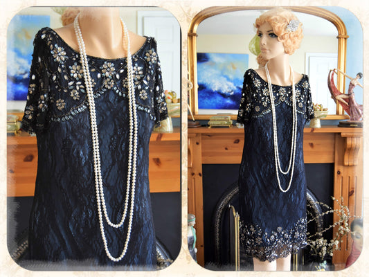 Vintage 1920s Great Gatsby Black Navy Blue beaded Jewelled lace in Downton Abbey  Net Dress Size UK 10 US 6