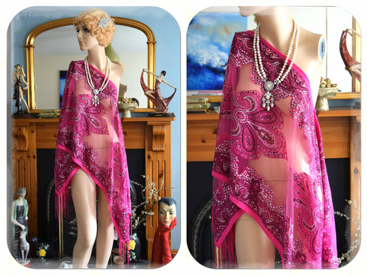 Vintage Pink Oriental Art Deco Pink Semi SheerLuxurious Devore Damask Duster Coat Shawl 1920's Flaper size UK 10 12 US 6 8