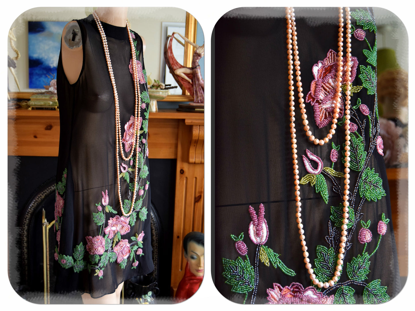 Vintage Mesh Embroidered beaded 1920s style Black Sheer Floral Dress size Uk 12 US 8