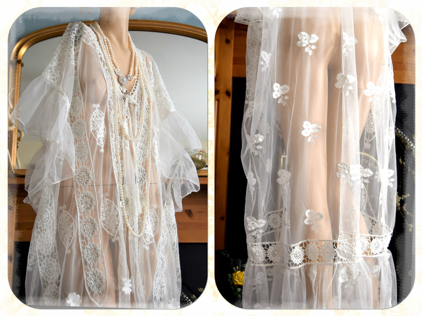 Vintage 1920s kaftan dress bohemian gypsy hippy boho wedding Art Deco bride bead cream off- white wedding dress size UK 18 20 22 US 14 16 18