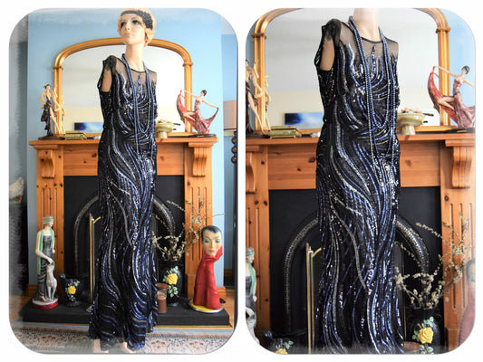 Vintage Great Gatsby 1920s Downton Abbey Navy blue Mesh Sequinned Embellished Flapper Maxi Evening Dress size Uk 6 8 US 2 4