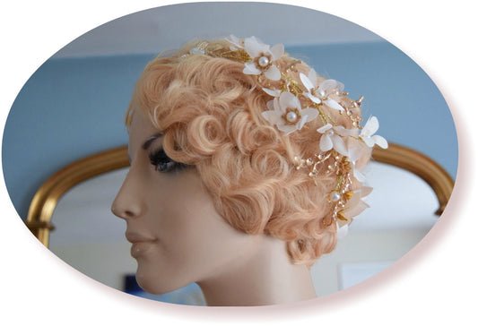 Beautiful 1920s 1930s romantic headband ethereal bridal white with gold magnolia floral pin hand made headpiece