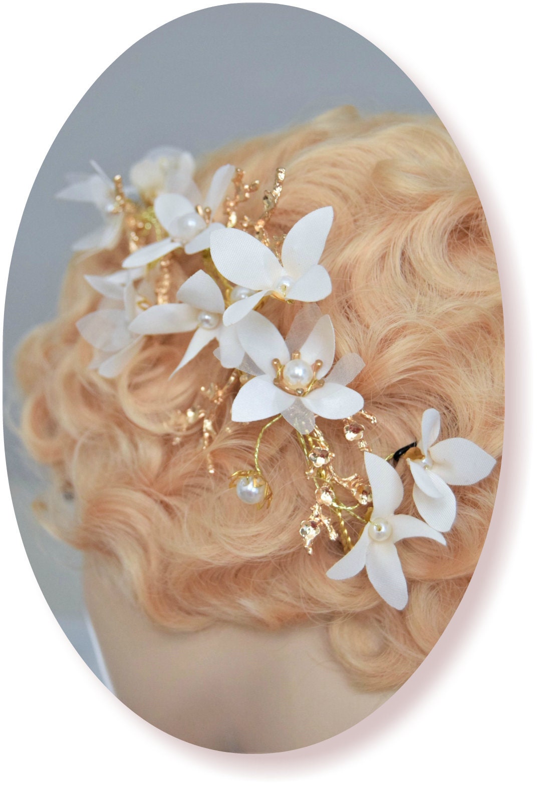 Beautiful 1920s 1930s romantic headband ethereal bridal white with gold magnolia floral pin hand made headpiece