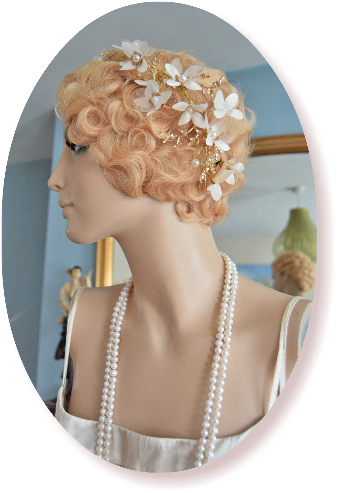 Beautiful 1920s 1930s romantic headband ethereal bridal white with gold magnolia floral pin hand made headpiece