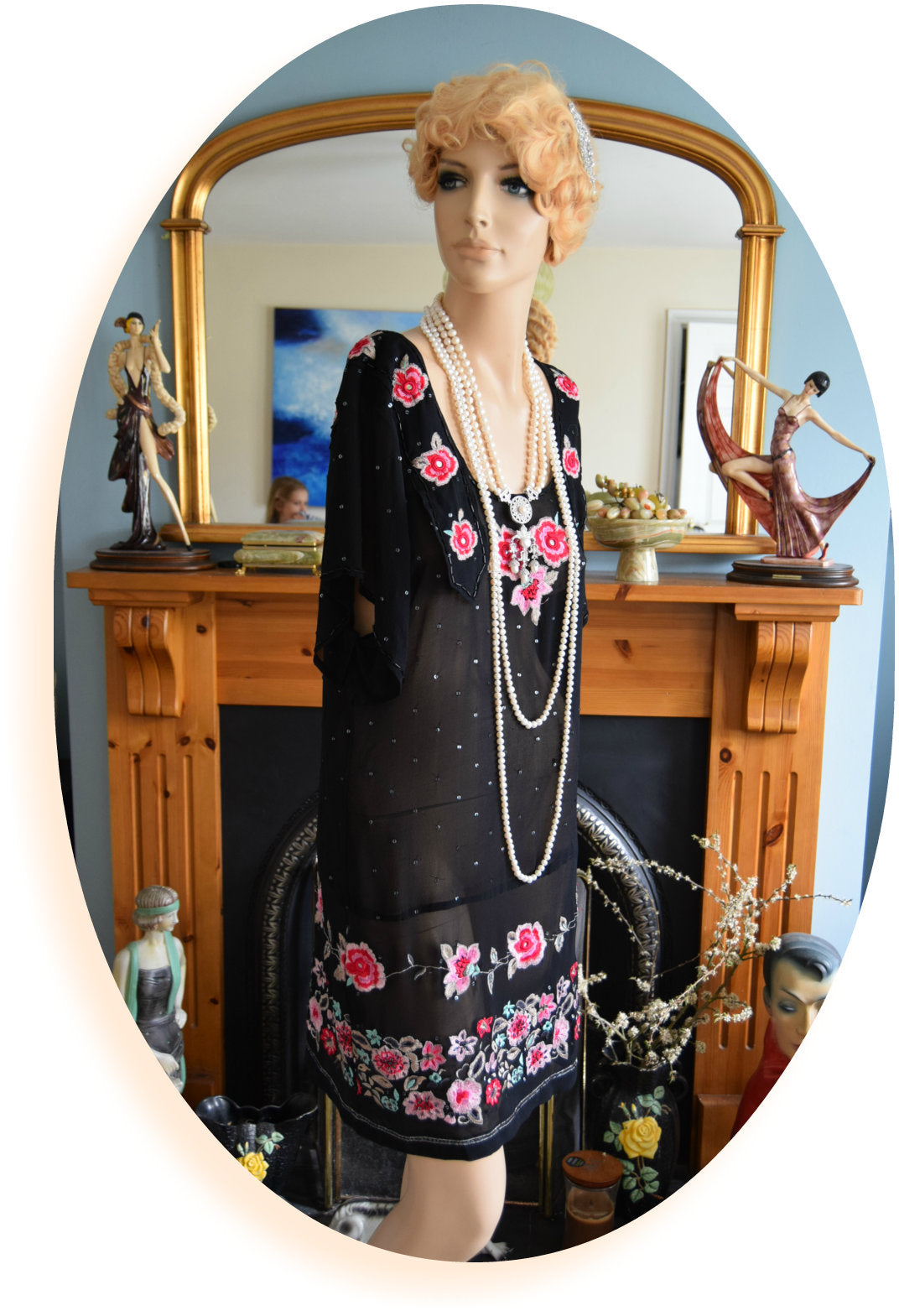Vintage 1920s Great Gatsby bohemian silk embroidered Black flapper sheer dress UK 8 10 US 4 6