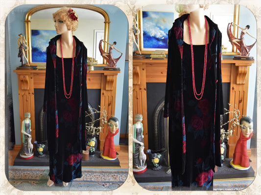 Vintage Art Deco Downton Abbey Black Crimson Red Silk devore Romantic Floral  Garden Dress Evening Gown with Long coat size UK 12 US 8