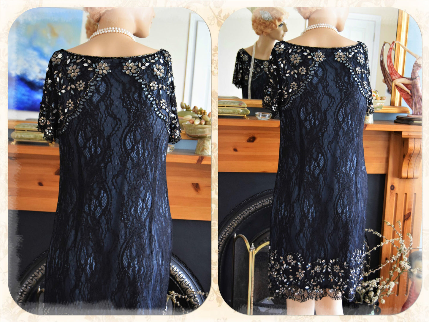 Vintage 1920s Great Gatsby Black Navy Blue beaded Jewelled lace in Downton Abbey  Net Dress Size UK 10 US 6