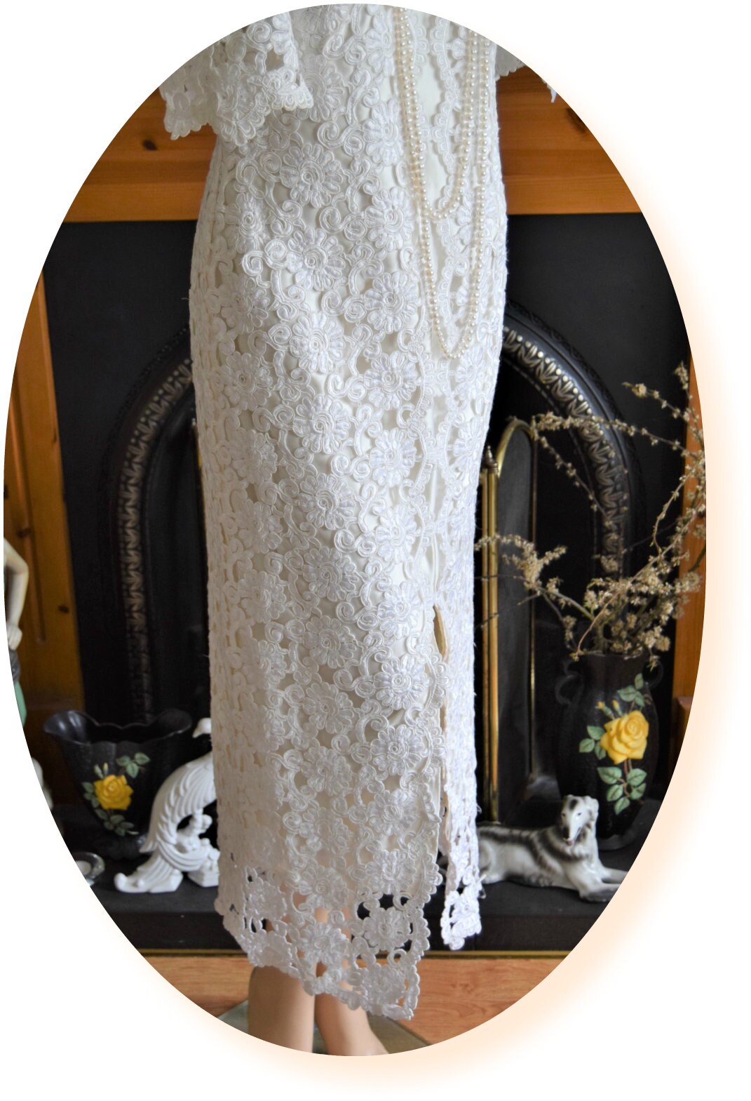 Art Deco Vintage 1920s 1930s Lace Three Dimentional Downton Abbey flapper wedding dress  size UK 14 US 10