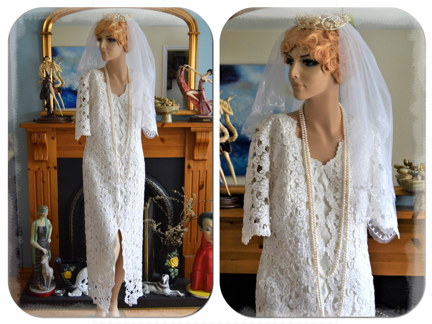 Art Deco Vintage 1920s 1930s Lace Three Dimentional Downton Abbey flapper wedding dress  size UK 14 US 10
