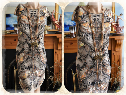 Reserved listing Downton Abbey dress 1920s  Great Gatsby dress, gold butterfly Gold heavily sequined shell flapper dress UK 6 8 US 2 4