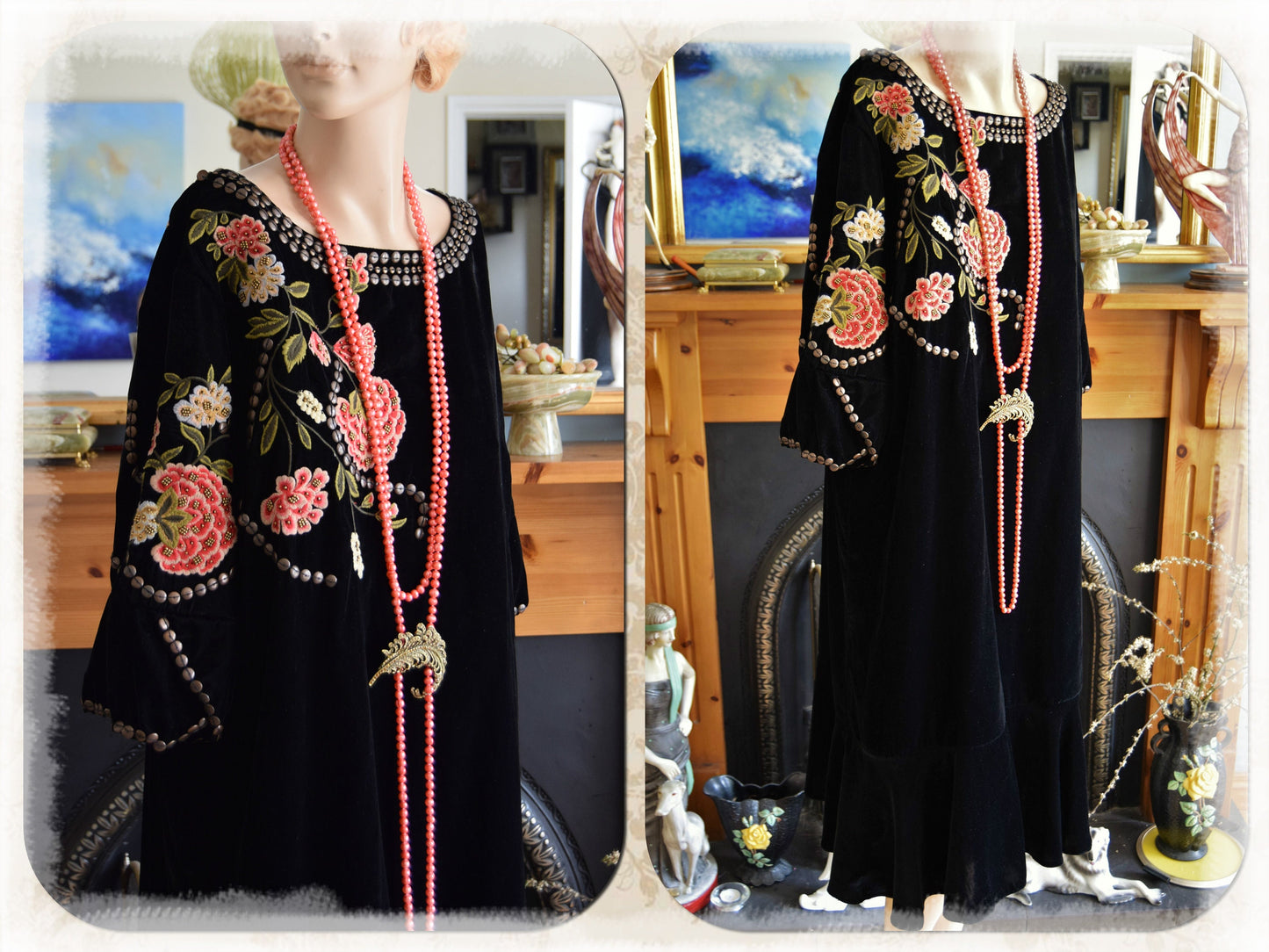 Original Biba vintage 1920s black flapper style Great Gatsby soft velvet oriental 1920's floral embroidered dress size UK 14 US 10